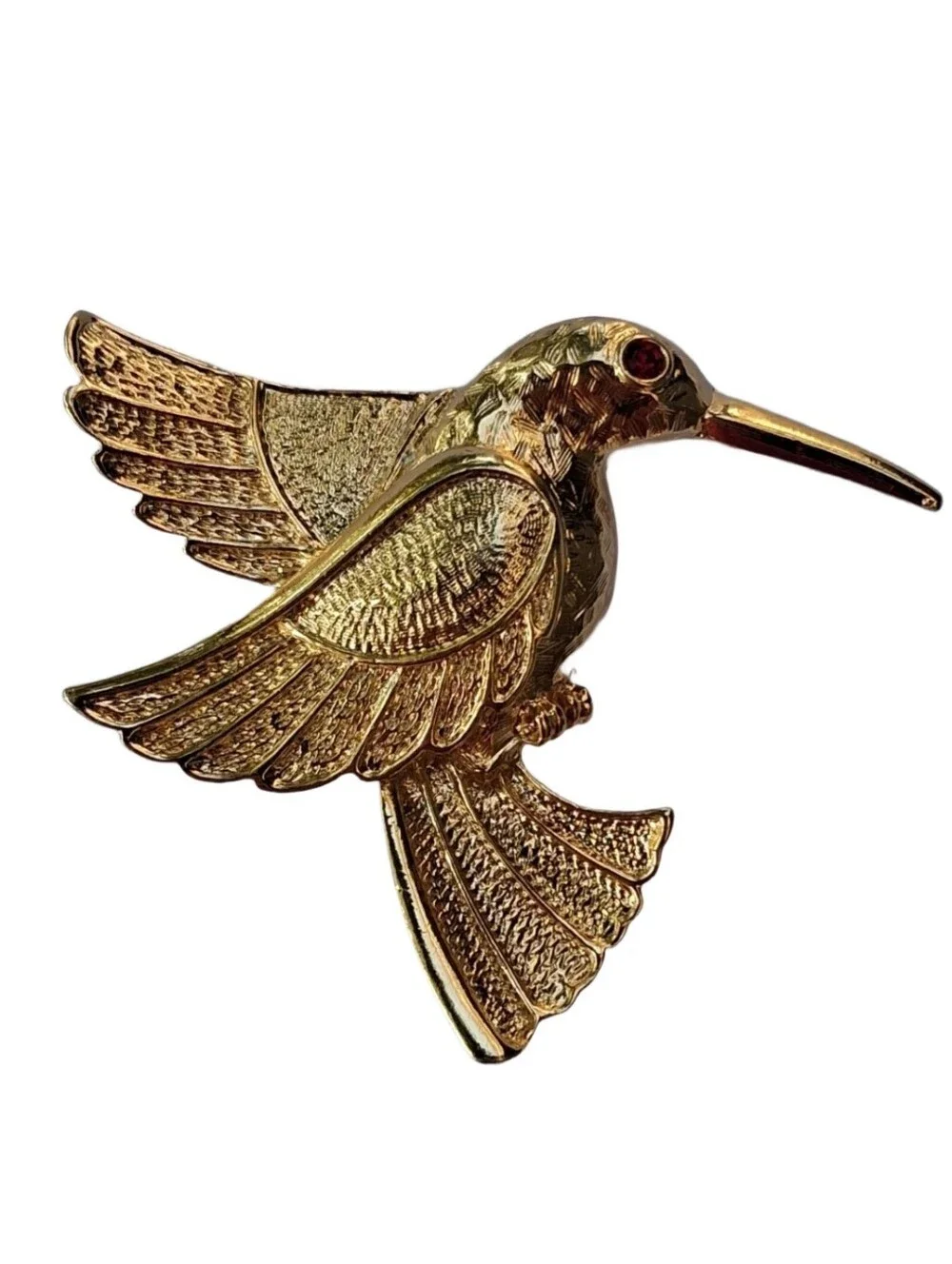 1990 Avon Golden Hummingbird Brooch Textured Gold Tone Ruby Red Rhinestone Eye